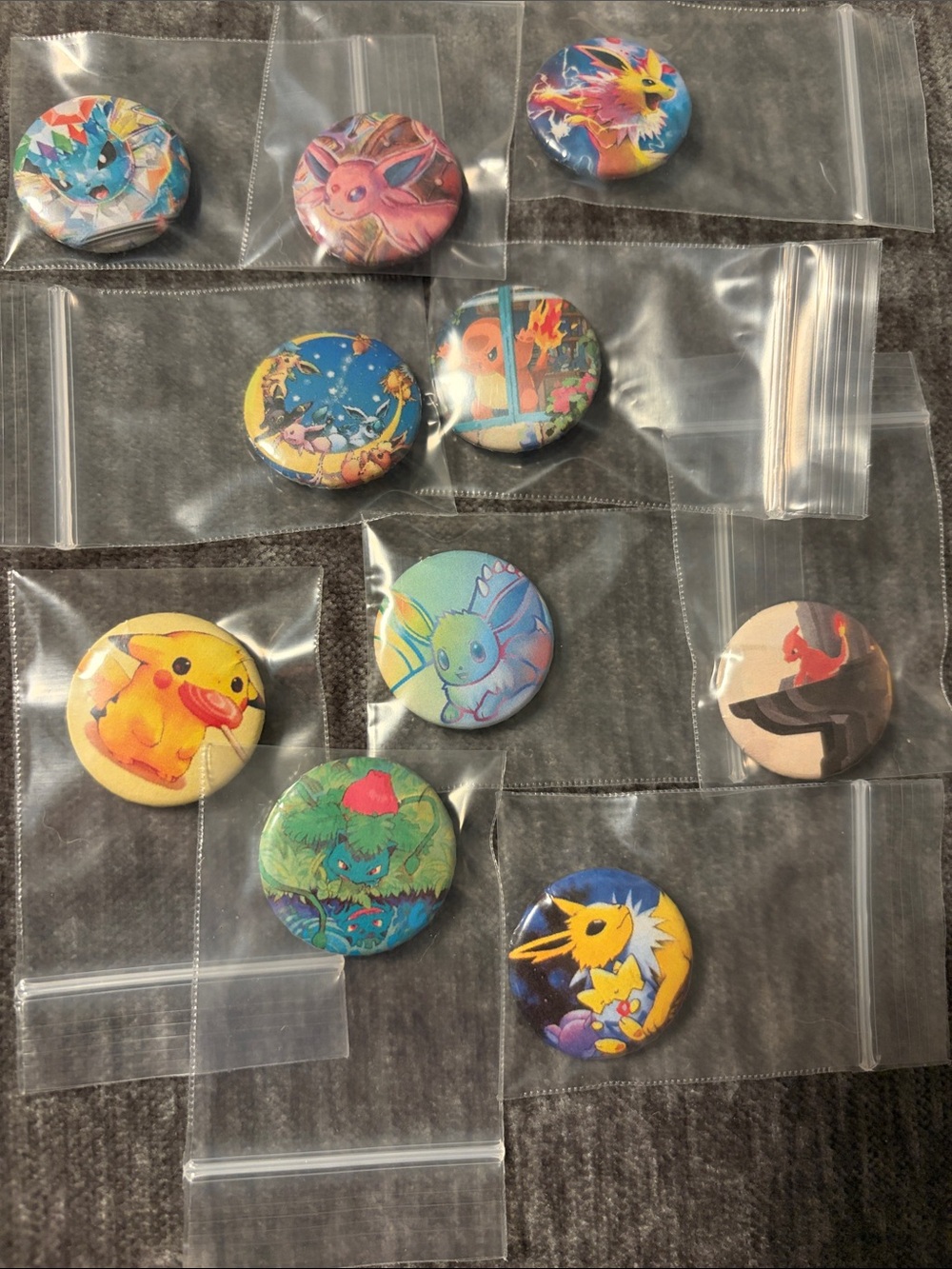 Assorted Colorful Pokémon Button Pin Lot - Eevee Evolutions & Pikachu